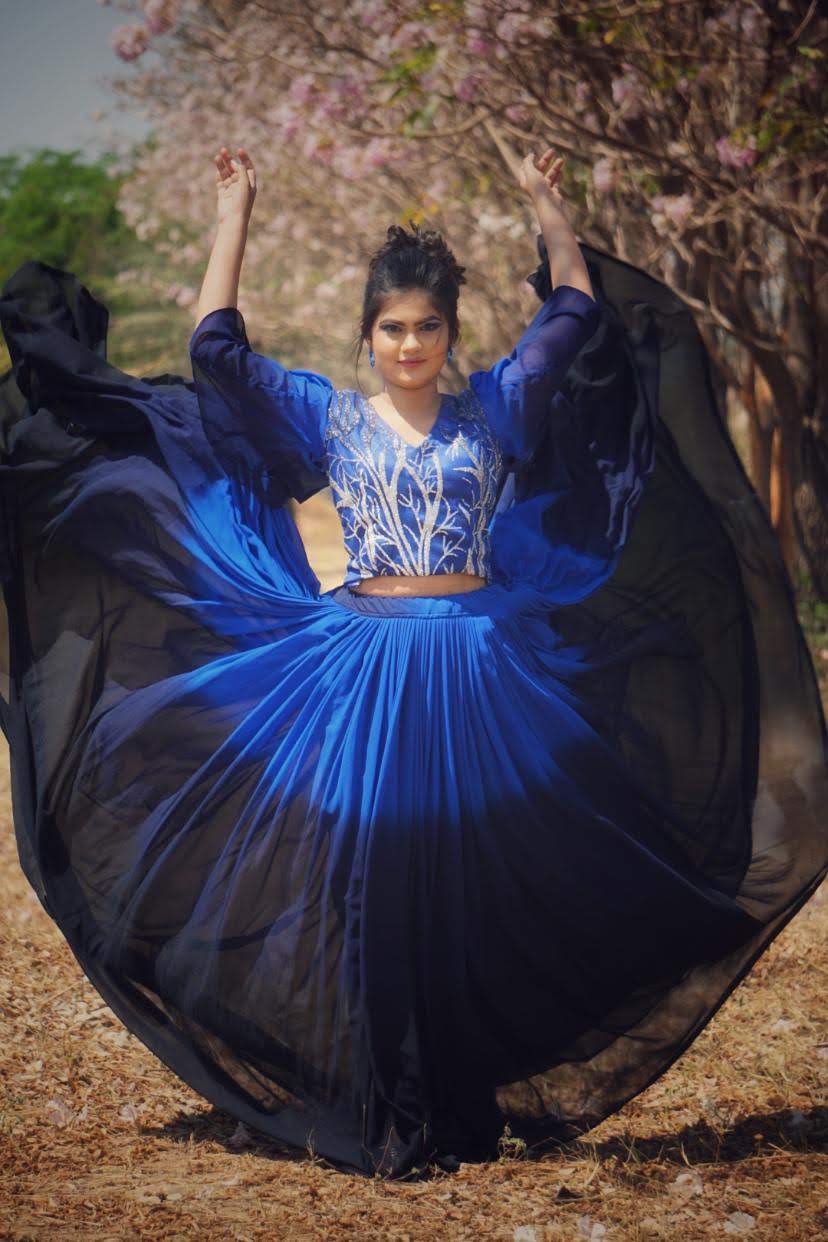 Designer Tree-Work blouse Flare Lehenga blue black - Tailoring Blouse • Lehenga • Crop Top