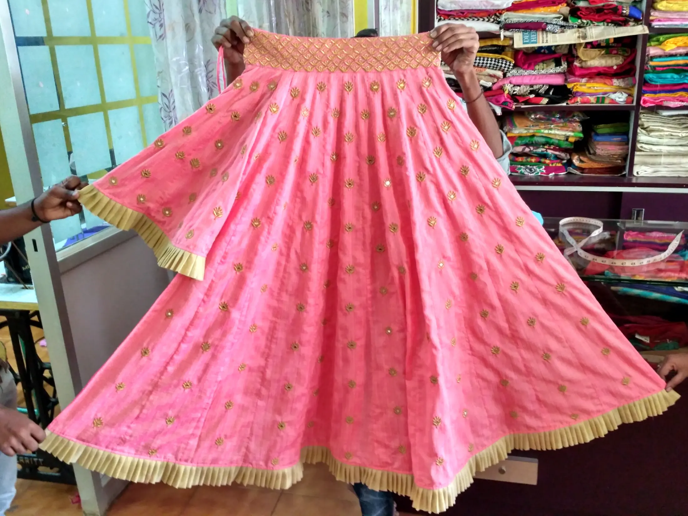Mirror Work Pink Lehenga with Frill plated Border - Tailoring Lehenga • Skirt