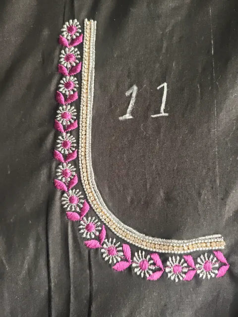Round flower with leaf design thread work neck - Machine Embroidery Blouse